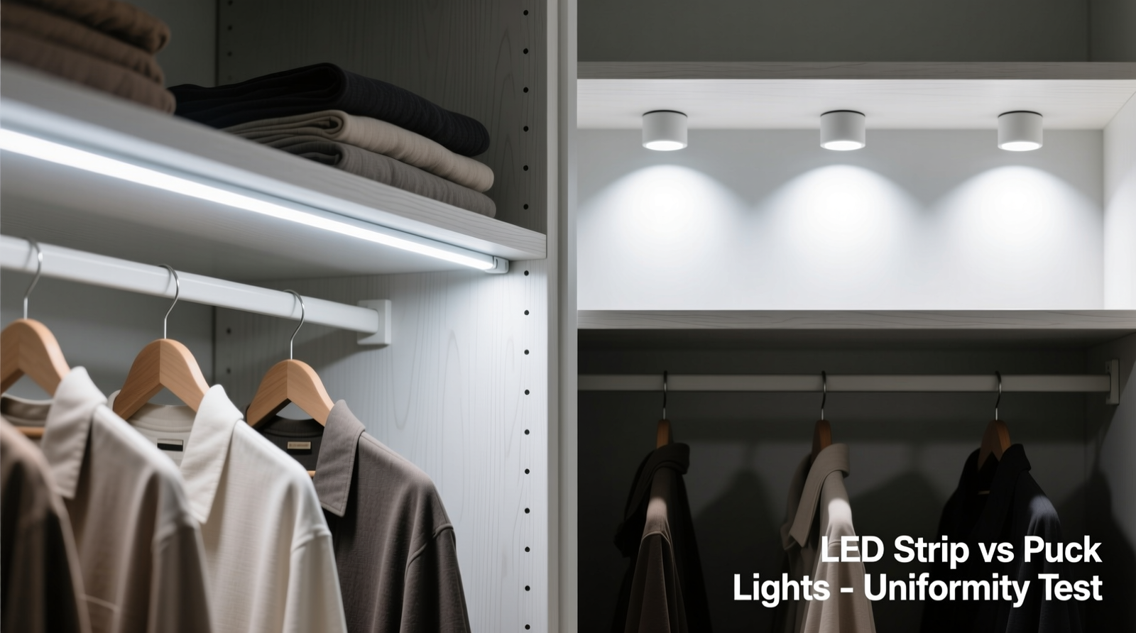 Side-by-side comparison showing LED strip lights mounted along the front lip of a closet shelf producing a smooth, gradient-free light wash across hanging clothes and folded items, while puck lights mounted centrally cast distinct circular highlights and deep shadows behind garments.
