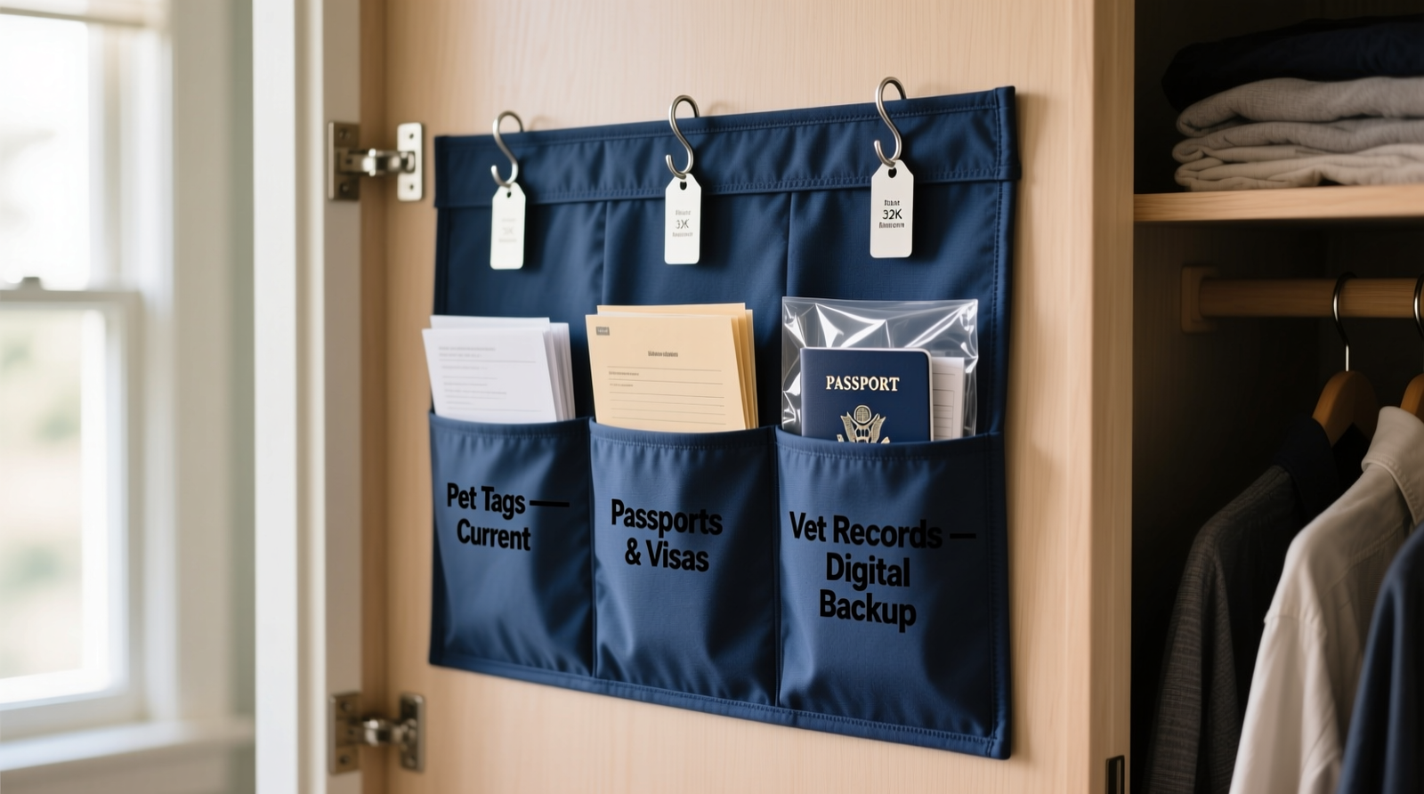 A well-lit closet interior showing a navy fabric pocket organizer mounted on the door, with clearly labeled vertical columns: 'Pet Tags — Current', 'Passports & Visas', 'Vet Records — Digital Backup'. Mini S-hooks hold engraved tags; sleeve-protected documents stand upright in pockets.