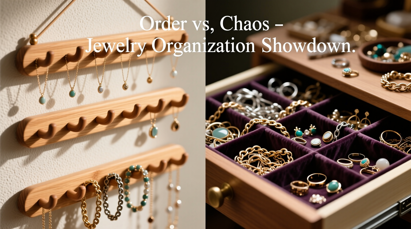 Side-by-side comparison: left shows a well-organized hanging jewelry organizer with necklaces suspended on individual hooks and bracelets draped over wide wooden pegs; right shows a drawer insert tray with tangled chains spilling from adjacent velvet-lined compartments