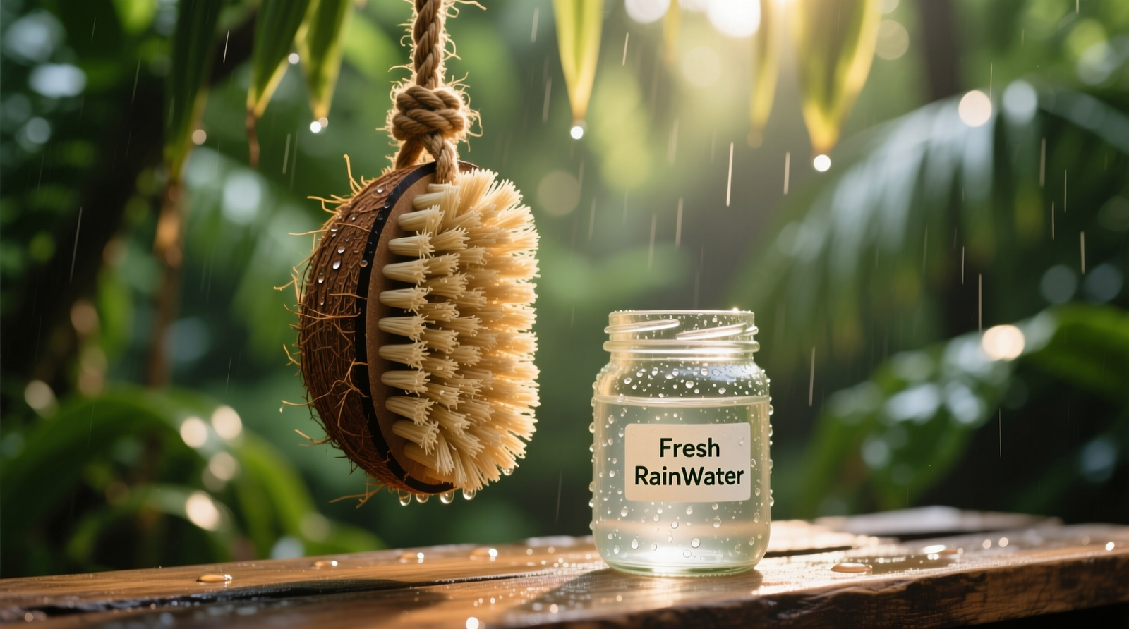 A natural coconut coir scrub brush suspended vertically from a jute rope in dappled shade, with rainwater droplets still glistening on its bristles beside a clear glass jar labeled 'Fresh Rainwater'