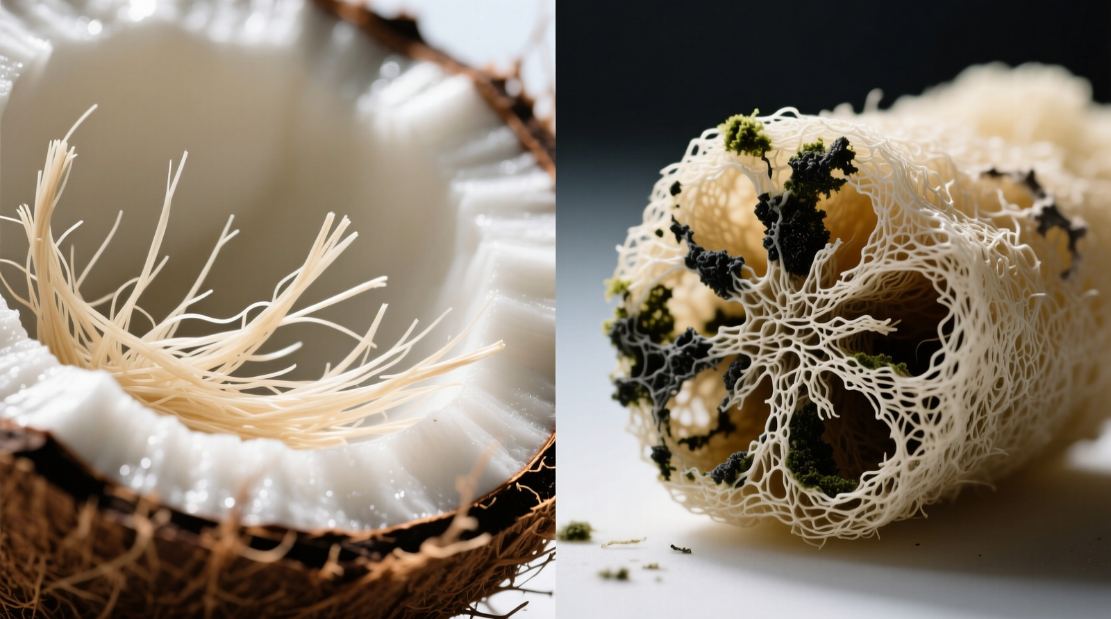 Side-by-side macro photography: left shows intact, evenly spaced coconut coir bristles under light; right shows degraded loofah with visible dark biofilm pockets and collapsed cell walls