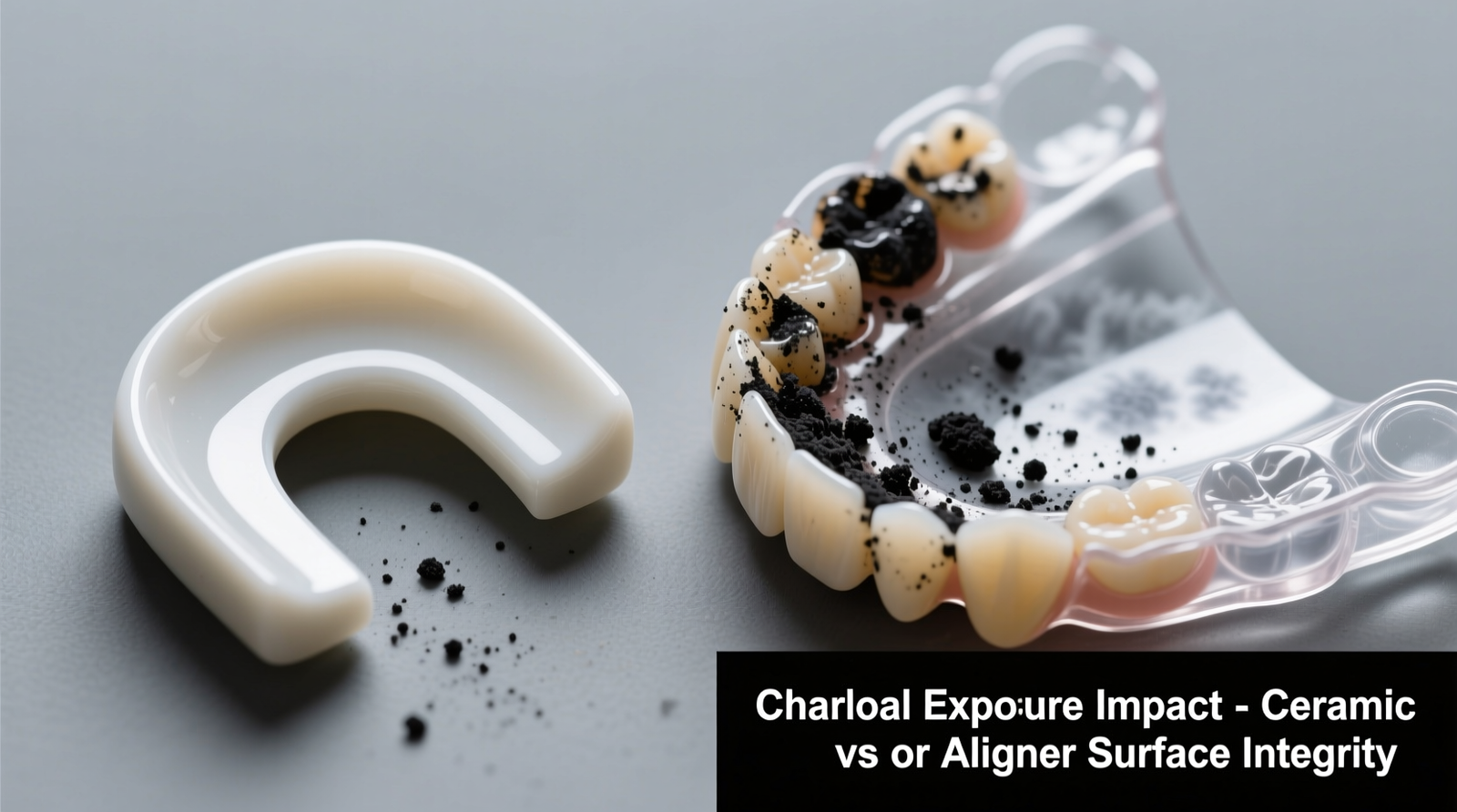 Side-by-side comparison: a ceramic bracket under magnification showing clean margins versus one with charcoal residue buildup; adjacent, a clear aligner tray with subtle clouding from repeated charcoal exposure