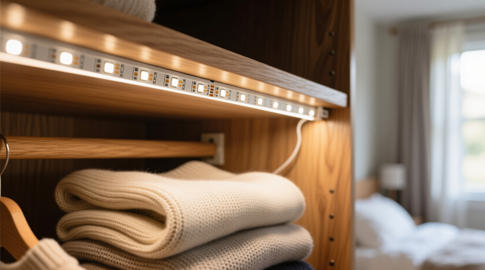 Close-up photo showing UL-listed 12V LED strip mounted along the underside of a wooden closet shelf, emitting even, warm-white light onto folded sweaters below—no visible wires, no glare, no shadows.