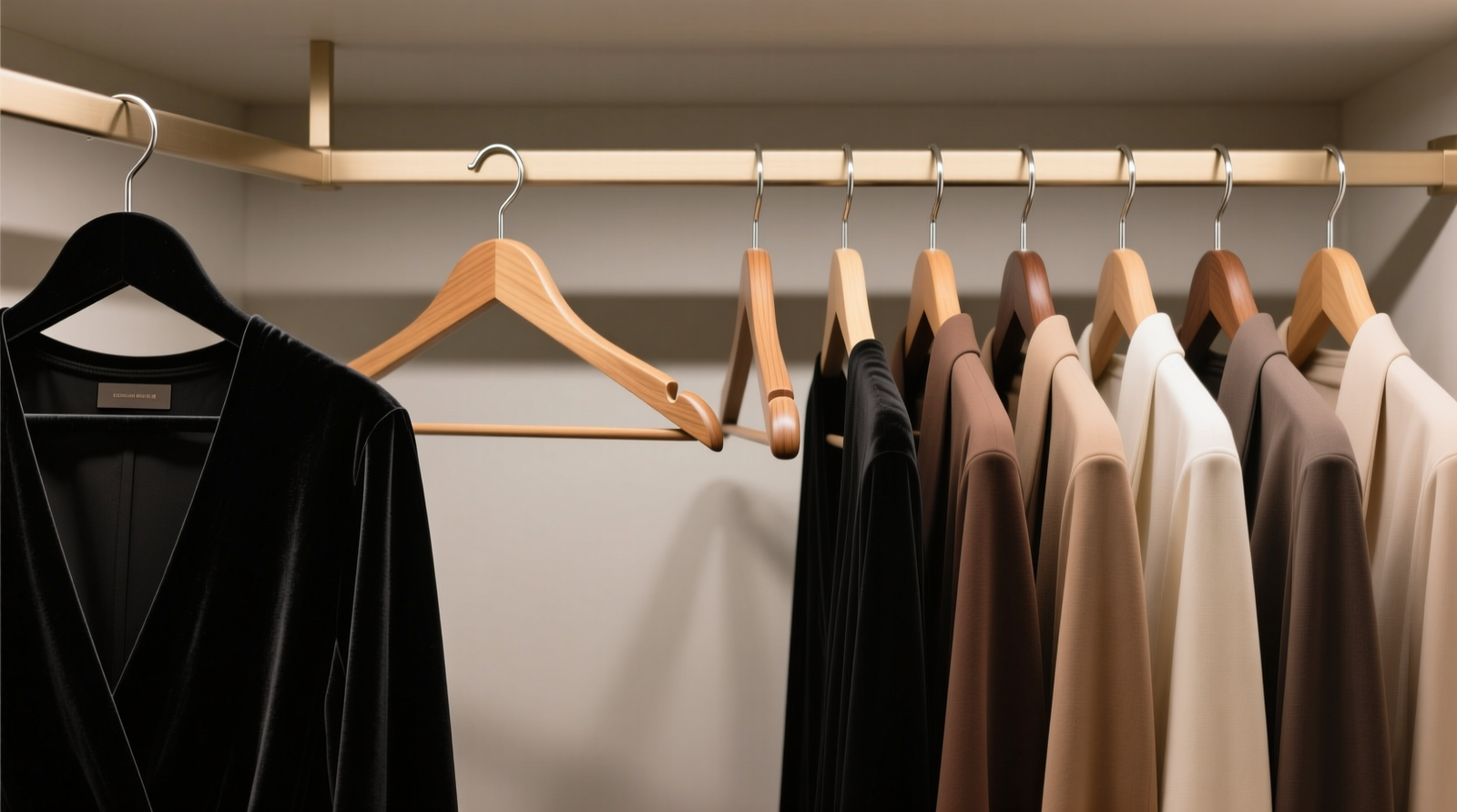A minimalist closet showing uniform matte-black hangers for dark garments, smooth wooden teardrop hangers for medium tones, and slender brushed-silver S-hooks for light pieces—all arranged in precise vertical bands from lightest at left to darkest at right, with no visible text labels