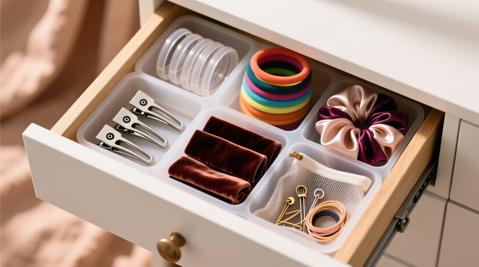 Overhead photo of a white oak dresser drawer with a six-compartment silicone drawer organizer: each section holds a distinct type of hair tie—thin elastics in one, thick ones in another, silk scrunchies coiled neatly, claw clips upright, velvet ties folded, and a small mesh pouch for extras. No visible labels; color-coding is implicit via material and shape.