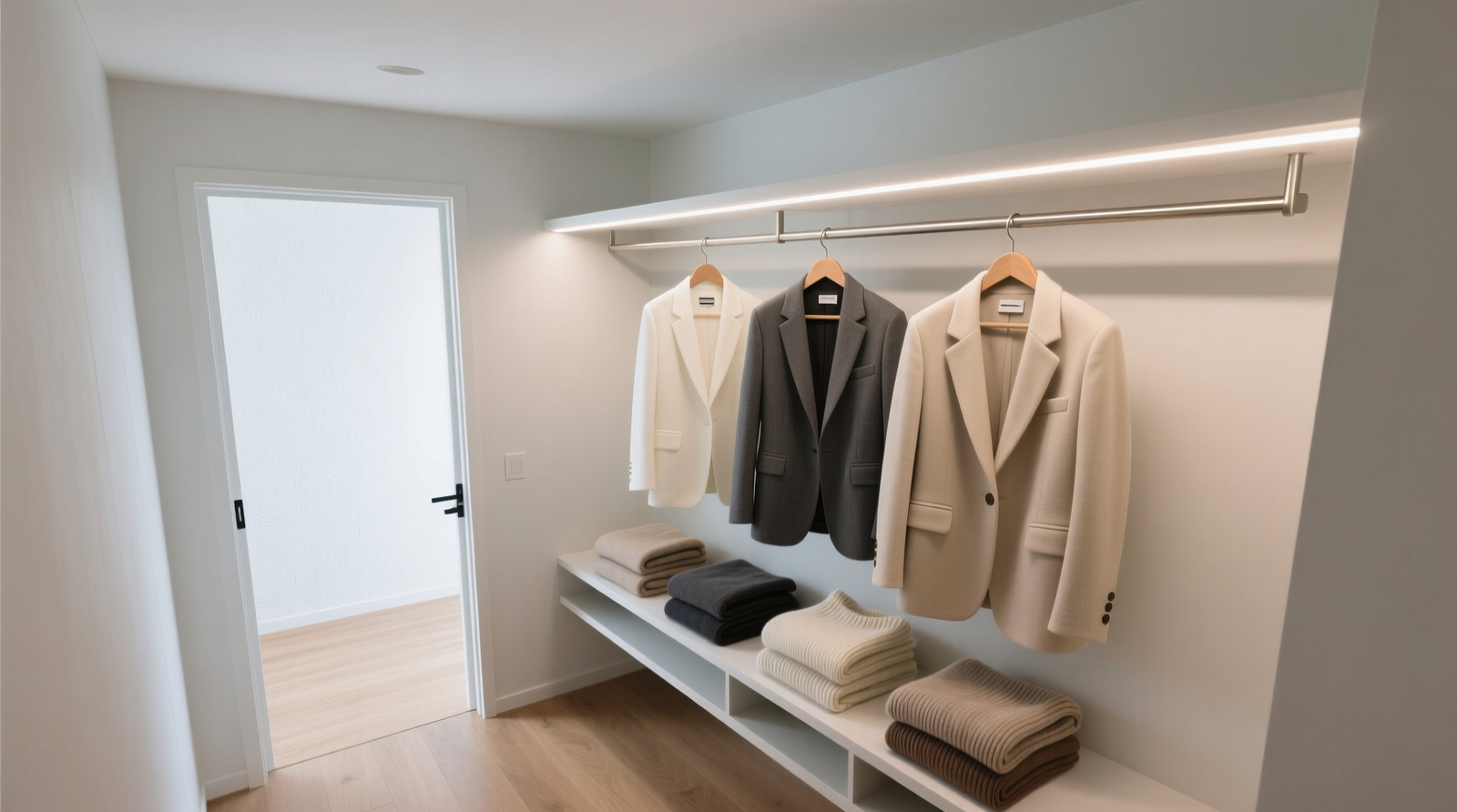 Overhead view of a minimalist walk-in closet with a thin, warm-white LED strip mounted discreetly along the interior top edge of the door frame, casting soft downward light onto neatly hung blazers and folded knitwear—no glare, no shadows, no visible wires or batteries