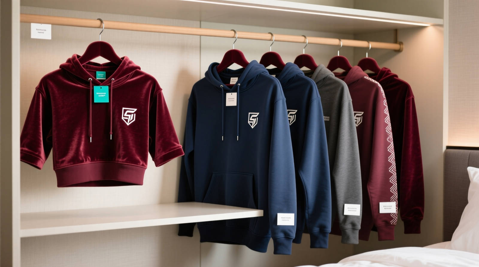 Three-tiered closet rod showing gaming hoodies sorted left-to-right: cropped sleeves (teal tab), standard sleeves (navy tab), and long sleeves (charcoal tab), all on identical velvet hangers with consistent spacing and visible embroidery intact