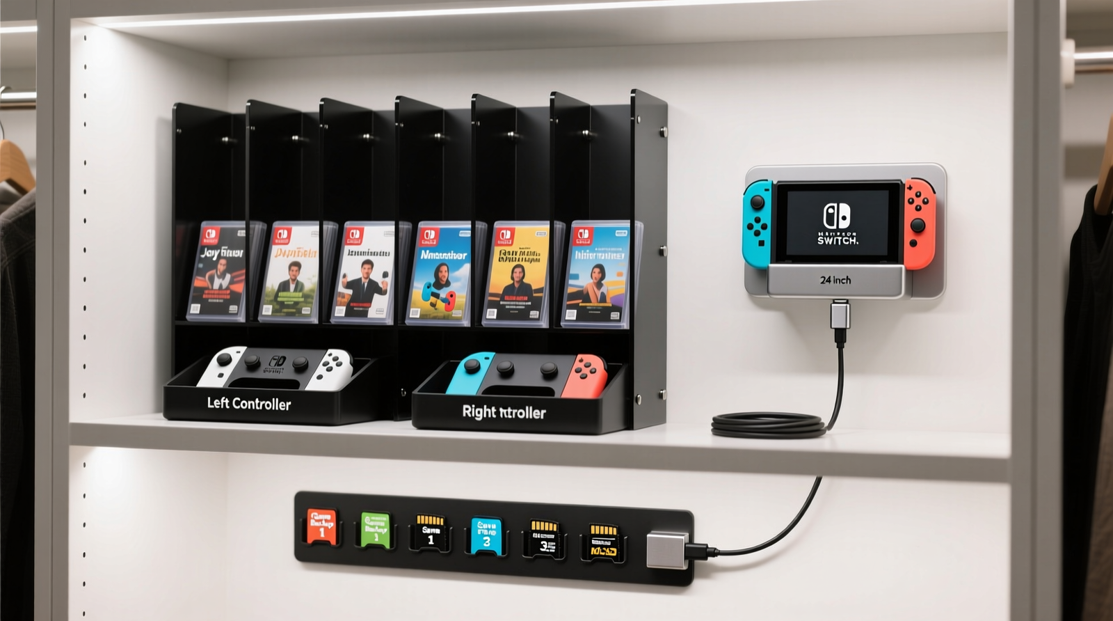 A well-lit closet section showing a 24-inch vertical zone with matte-black acrylic dividers holding Nintendo Switch game cases spine-out, two labeled Joy-Con trays below, a wall-mounted dock holder with coiled USB-C cable, and a magnetic microSD card strip mounted beneath the shelf