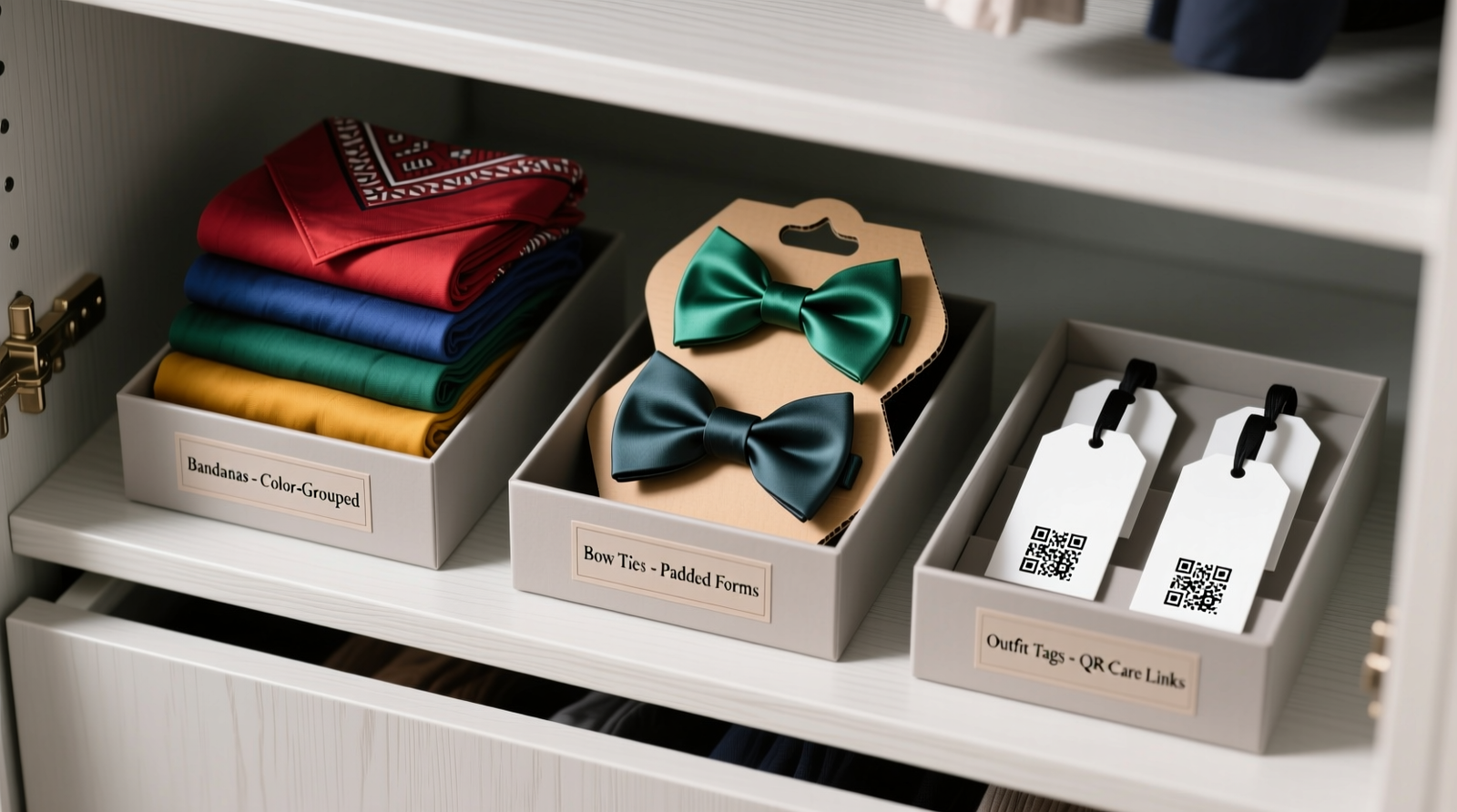 A minimalist closet interior showing velvet hangers with folded cotton bandanas in coordinated earth tones, sleek acrylic bow tie clips mounted vertically on the door panel, and small linen pouches labeled 'Luna – Summer' and 'Rex – Rainy' tucked neatly behind a row of leather belts.