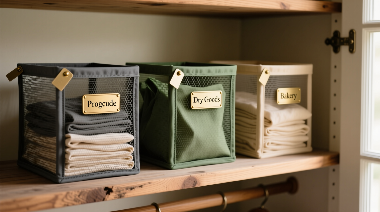 A minimalist closet entryway showing a matte-black wall hook mounted at eye level beside a ceramic key dish; four neatly rolled reusable bags secured with gray silicone bands hang vertically, and four folded bags rest in a shallow woven basket beneath the hook.