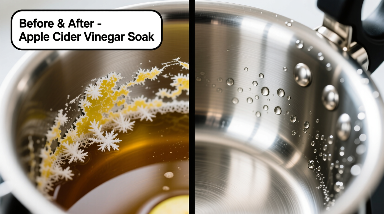 Close-up photo of a stainless steel kettle interior before and after a 30-minute fermented apple cider vinegar soak, showing visible limescale reduction on the left side and clean surface on the right