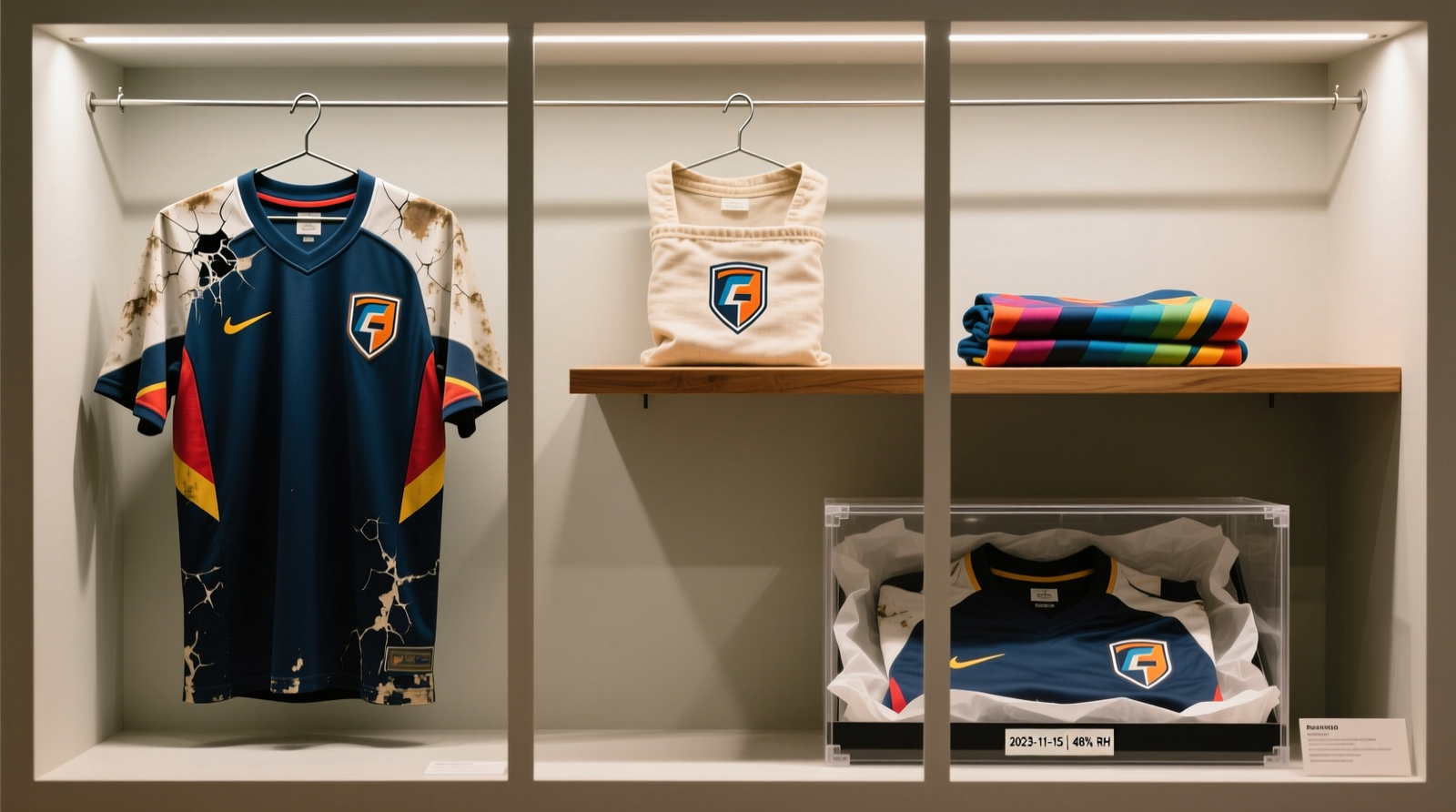 Three identical sublimated gaming jerseys: one hung on a wire hanger under LED light (faded shoulders, cracked logo), one folded in an opaque cotton sleeve on a shelf (vibrant, intact), and one flat in an archival box with acid-free tissue (pristine, labeled with date and humidity reading)