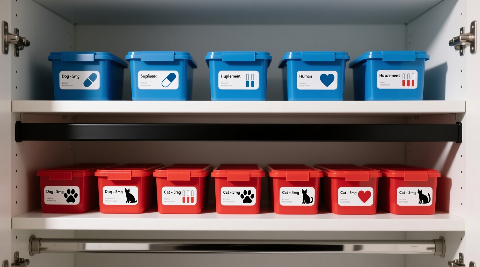 A well-organized closet shelf showing red-labeled pet medication organizers on the lower tier, separated by a matte black divider strip from blue-labeled human supplement bins on the upper tier; each container displays clear, laminated species-specific labels and dosing icons
