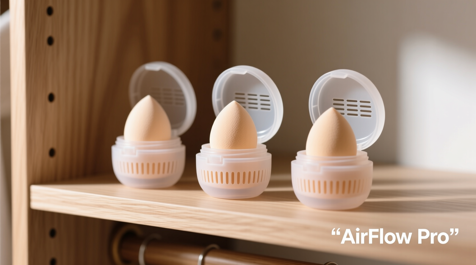 Three ventilated silicone pods arranged on a clean, light wood closet shelf; each pod holds one beauty sponge upright, lids slightly ajar, with visible micro-vents along the sidewalls and base