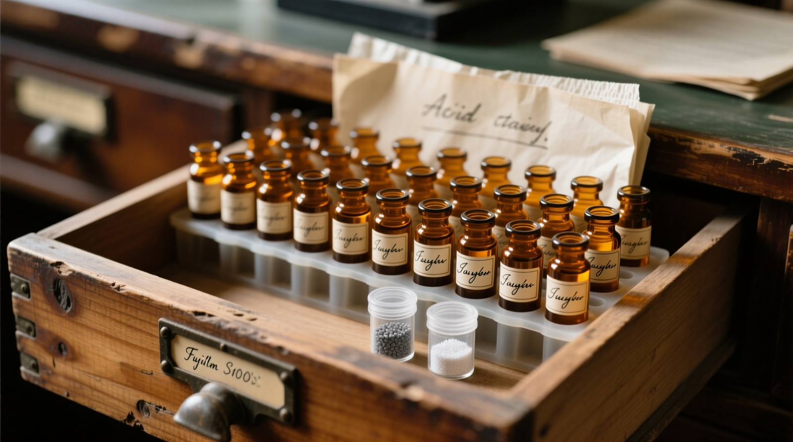 A shallow, lined wooden drawer containing uniform amber glass vials arranged in labeled silicone slots, with two silica gel canisters and a folded sheet of acid-free tissue visible at the back