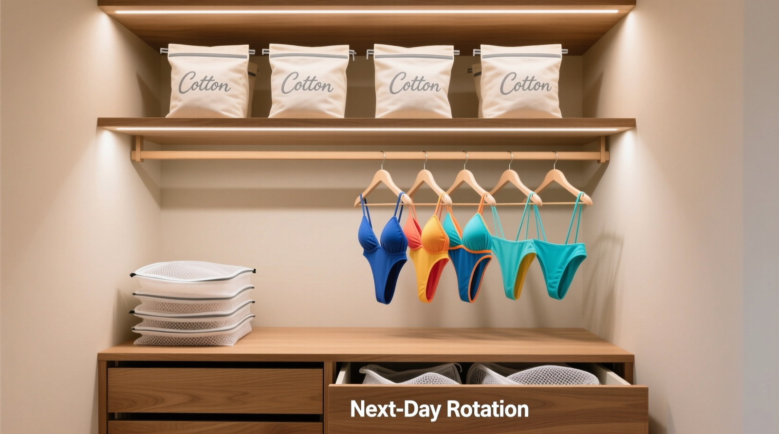 Three-tier closet system: top shelf with labeled cotton garment bags, middle tier with swimwear hanging on padded hangers facing outward, bottom drawer holding only clean, dry mesh laundry bags for next-day rotation