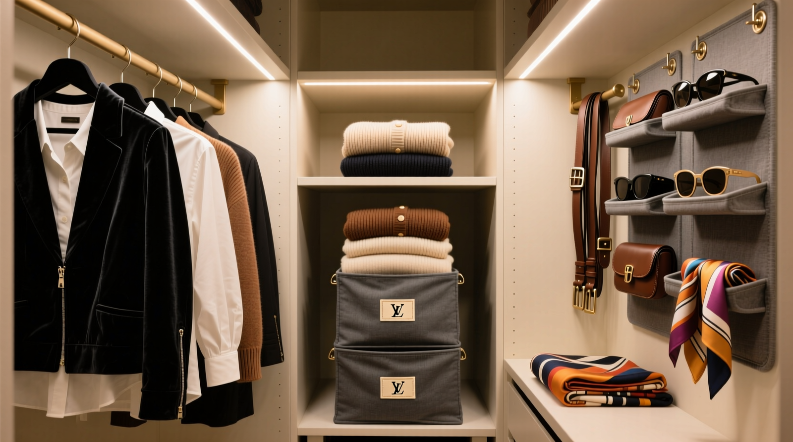 A narrow 42-inch-wide closet with three clearly separated vertical zones: left section shows black velvet hangers holding coordinated tops, center displays upright-folded knitwear in charcoal canvas bins with monogrammed linen tags, right side reveals an over-the-door organizer holding belts, sunglasses, and silk scarves—all lit by warm, focused LED strip lighting
