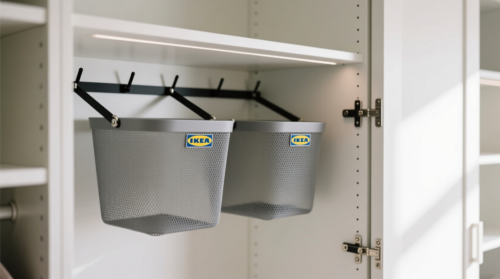 Close-up photo showing two slim gray mesh laundry baskets mounted horizontally on the inside of white IKEA PAX closet doors, secured via black magnetic strips attached to vertical SKADIS pegboards; doors are partially open, revealing clean interior shelving behind