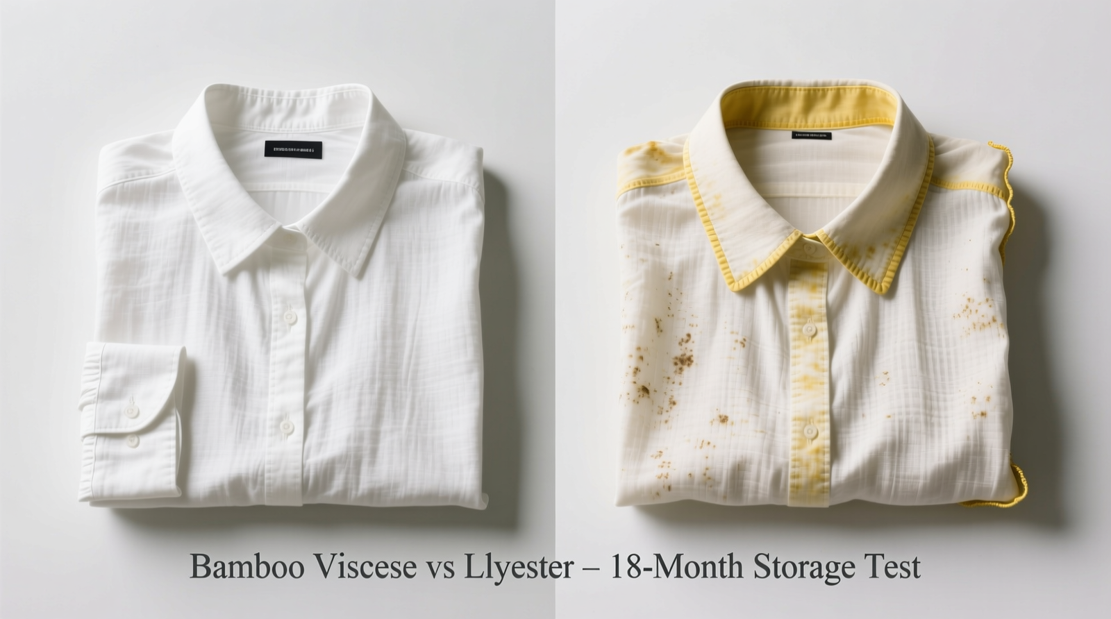 Side-by-side comparison showing a crisp white linen blouse stored for 18 months in bamboo viscose (left) versus identical blouse in polyester cover (right), with visible yellowing along collar and sleeve edges on the right