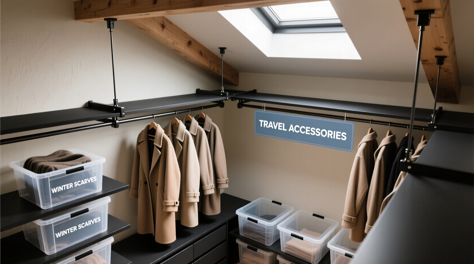 Overhead view of a minimalist closet showing black-painted steel pulley racks suspended from exposed wooden beams, holding neatly hung coats and clear stackable bins labeled 'WINTER SCARVES' and 'TRAVEL ACCESSORIES'