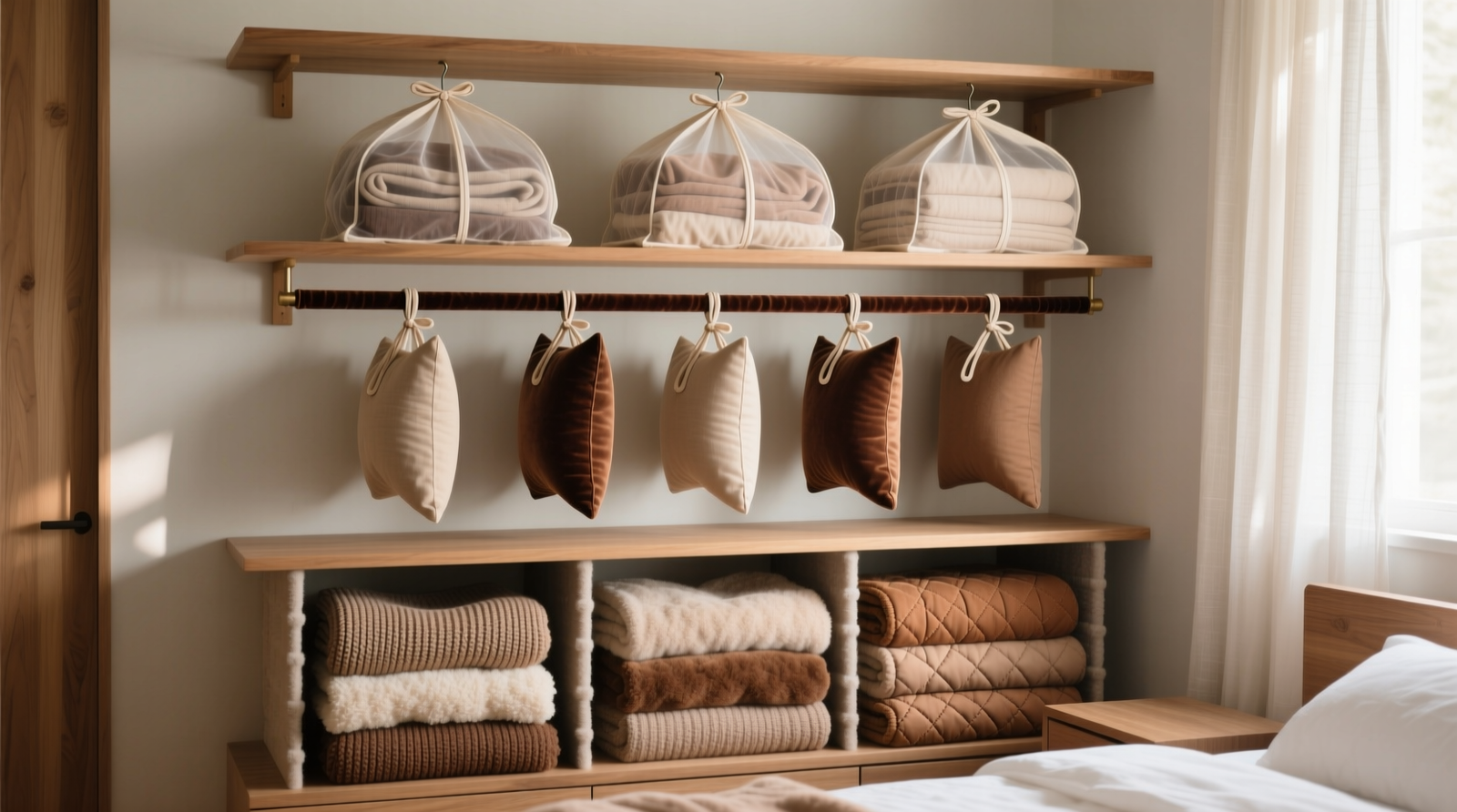 Side-view diagram showing a reinforced wooden shelf bracket supporting a ventilated canvas bin containing a vertically rolled weighted blanket with a travel pillow nestled snugly atop it, all positioned in the upper rear zone of a standard reach-in closet