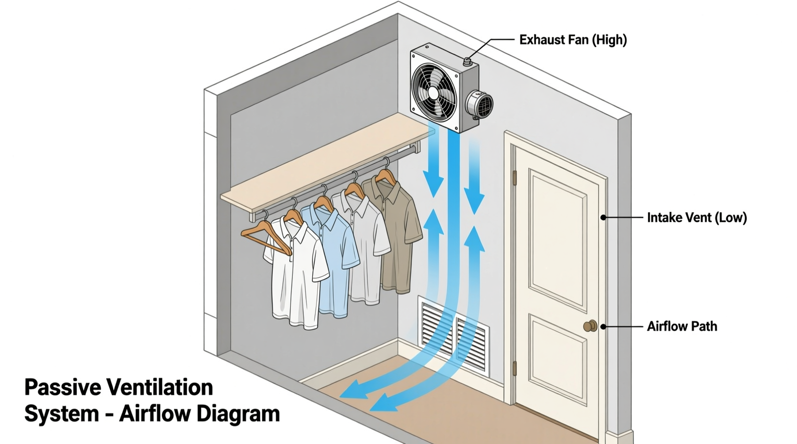 Cross-section diagram showing a closet with a small exhaust fan mounted high on the back wall, a passive louvered intake vent low on the door, and cotton shirts hanging with visible airflow arrows moving upward and out