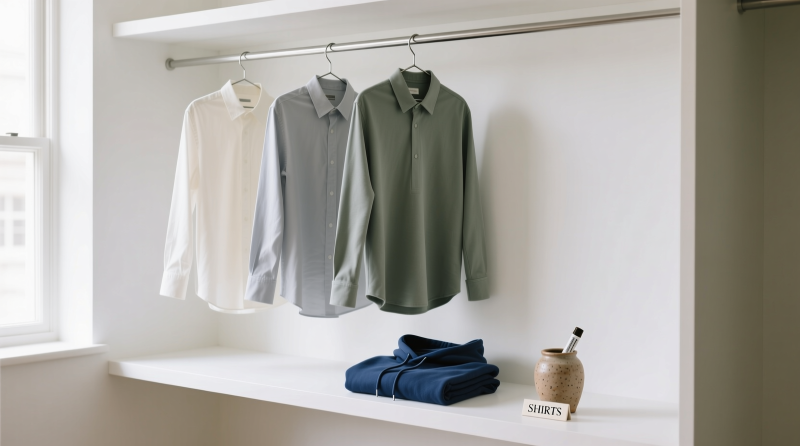 A minimalist closet showing three crisp shirts on matching slim hangers, spaced evenly, with a folded hoodie resting on a clean white shelf beside a small ceramic marker—no visible clutter, no overlapping garments, soft natural light