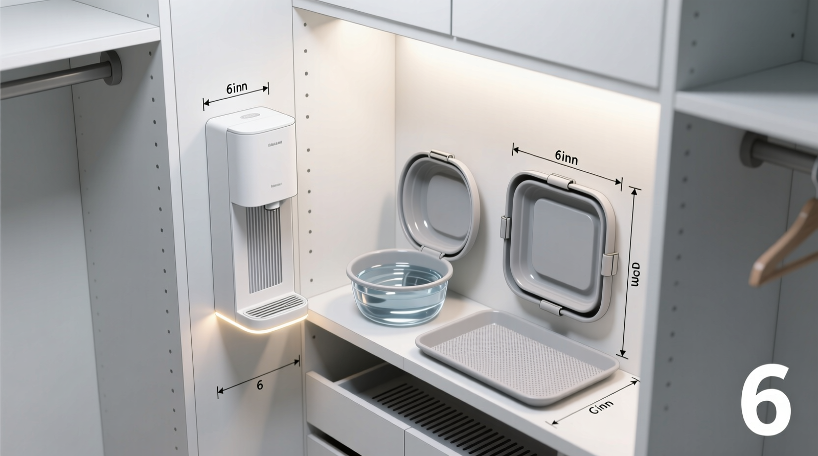 Side-view schematic of a walk-in closet interior showing a slim filtered water dispenser mounted vertically on the left panel, two magnetic collapsible bowls—one open and filled, one folded flat beside it—and a moisture-absorbing tray liner beneath, all within a 6-inch depth footprint.