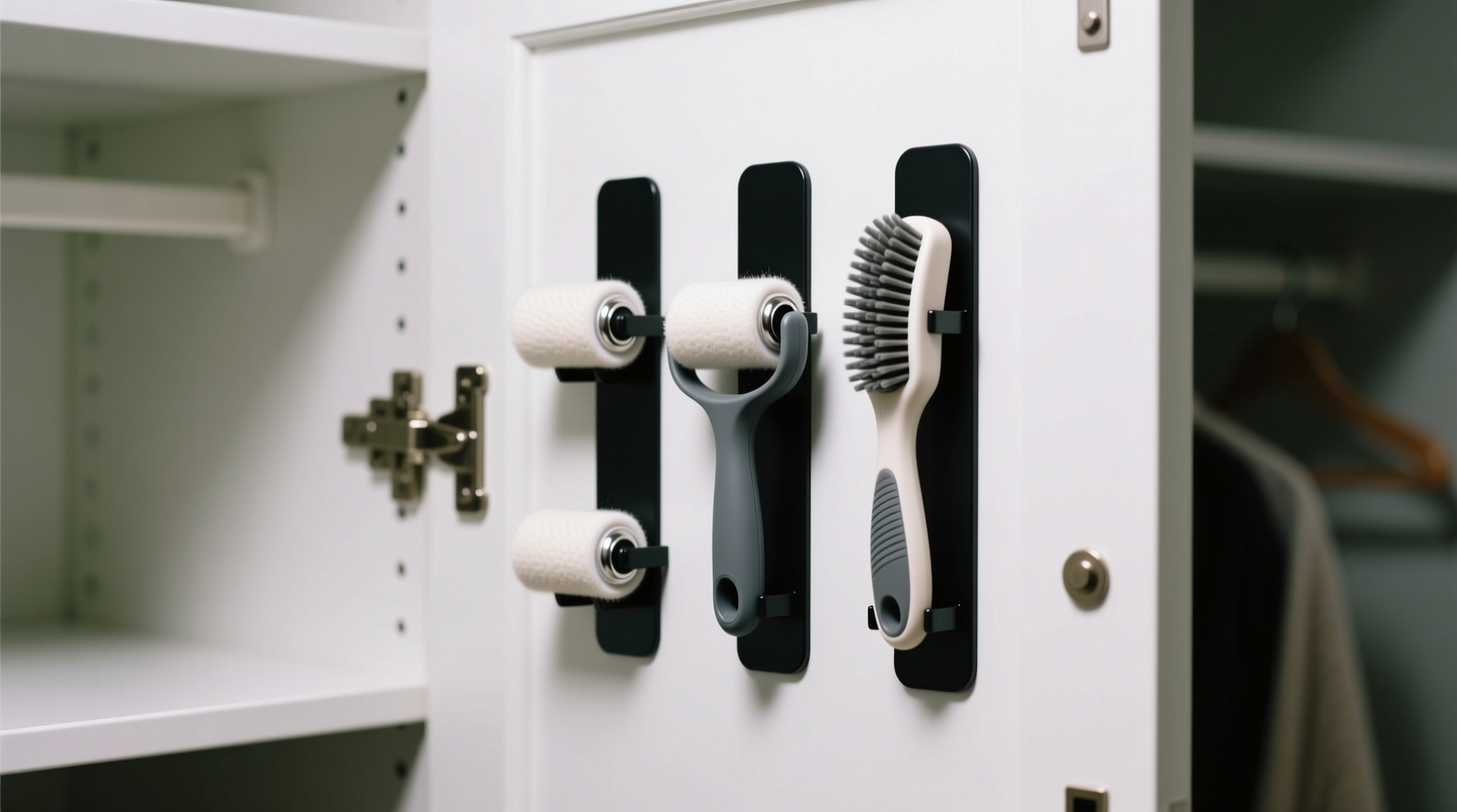 A well-lit walk-in closet with light oak shelving; a woven seagrass basket sits flush against the bottom shelf, partially concealing a gray upholstered drawer unit; stainless steel combs and a compact lint roller are mounted vertically on a matte black magnetic strip behind navy hangers.