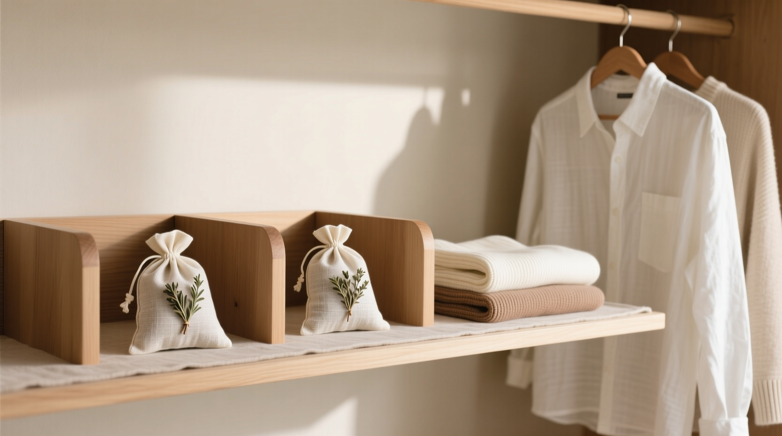 A minimalist closet shelf with three evenly spaced muslin sachets resting on wooden dividers beside folded knitwear and hanging linen shirts—no sachets touch garments, and all fabrics remain visibly unstained and crisp