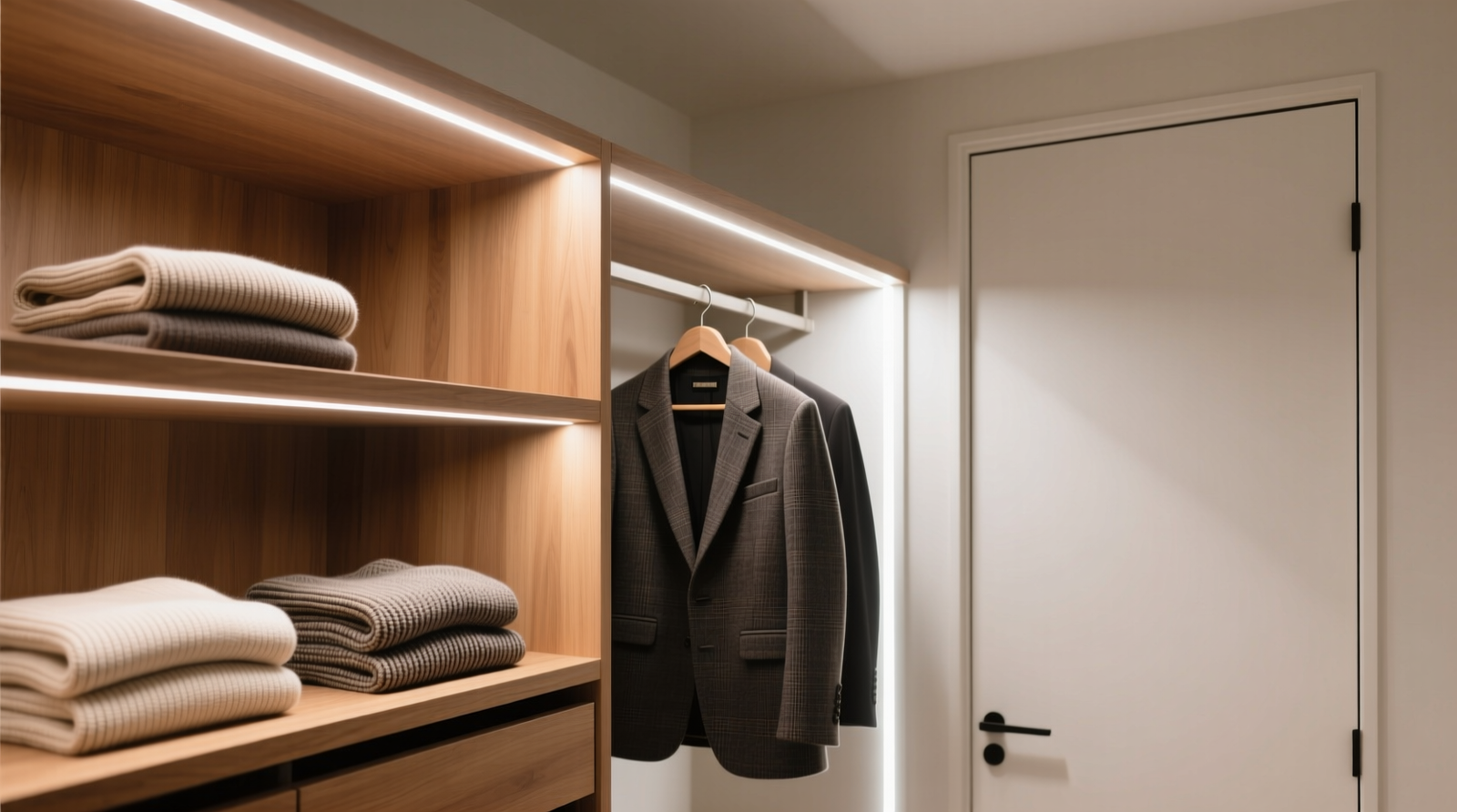 Close-up of a minimalist closet with warm-white LED strips mounted beneath wooden shelves and along the interior top edge of the door frame, illuminating folded knits and hanging blazers with crisp, shadow-free definition