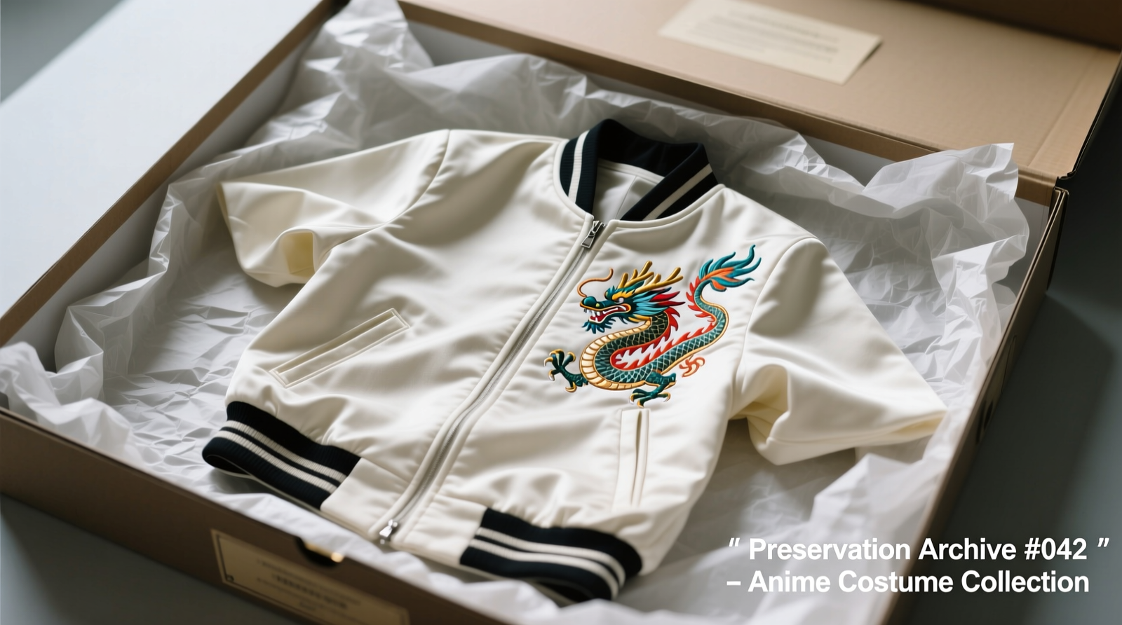 Top-down photo of a folded anime cosplay jacket resting on buffered tissue paper inside an open archival box lined with off-white cotton muslin; visible embroidery on chest remains fully relaxed, with no visible creases or tension lines