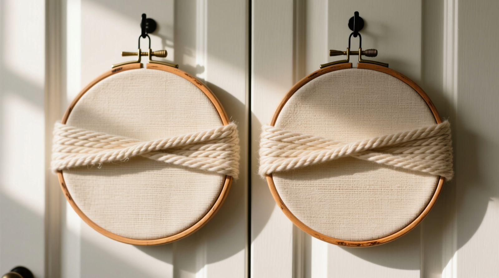 Close-up photo showing two cotton twill loops attached symmetrically to opposite sides of a wooden embroidery hoop, suspended horizontally 1.5 inches from a white closet door, with natural light illuminating the unstretched fabric surface