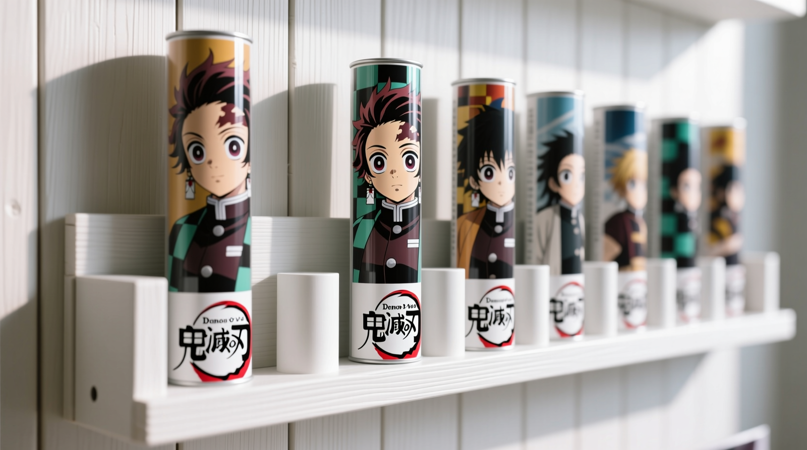 Close-up of anime poster tubes standing upright in a minimalist white-painted wooden wall rack, each separated by cylindrical acid-free spacers; visible labels on protective sleeves, no overlapping or leaning