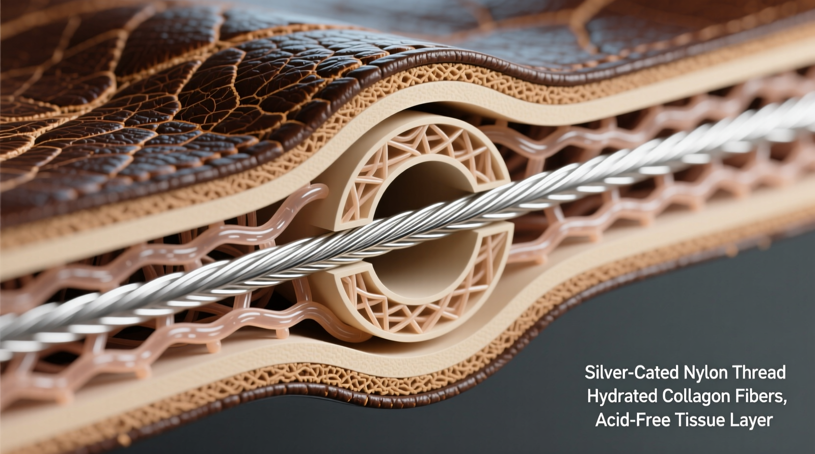 Cross-section diagram showing silver-coated nylon thread embedded in leather grain, surrounded by hydrated collagen fibers and buffered by acid-free tissue layer