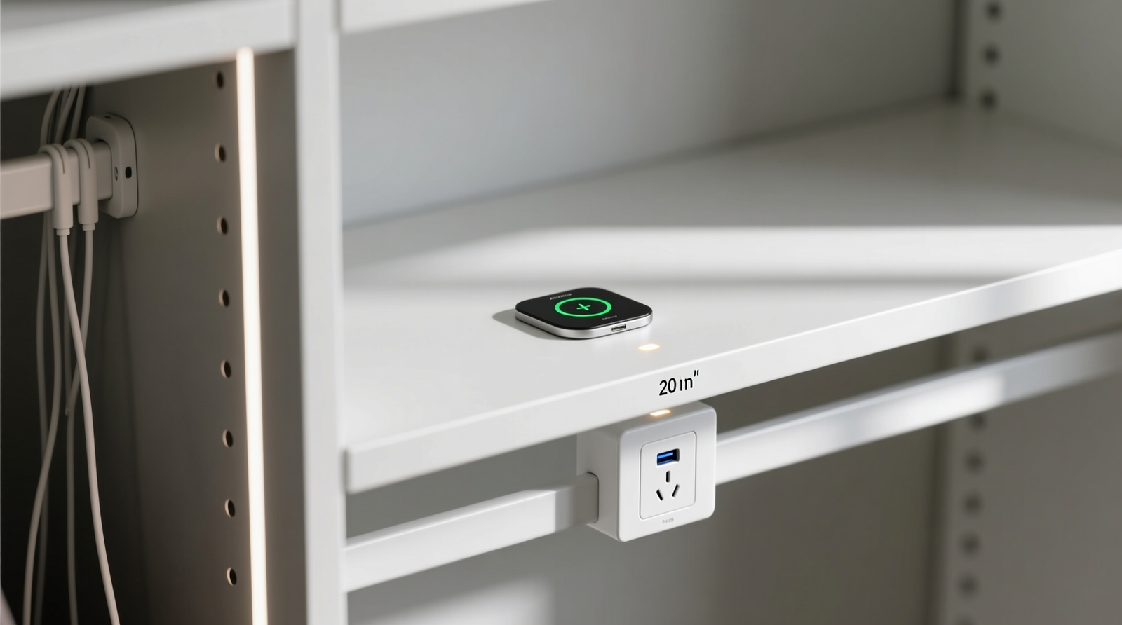 Close-up of a custom-built closet shelf with recessed magnetic VR charging dock, clean white raceway mounted vertically along the left side panel, and color-matched USB-C power strip flush-mounted at 20-inch height