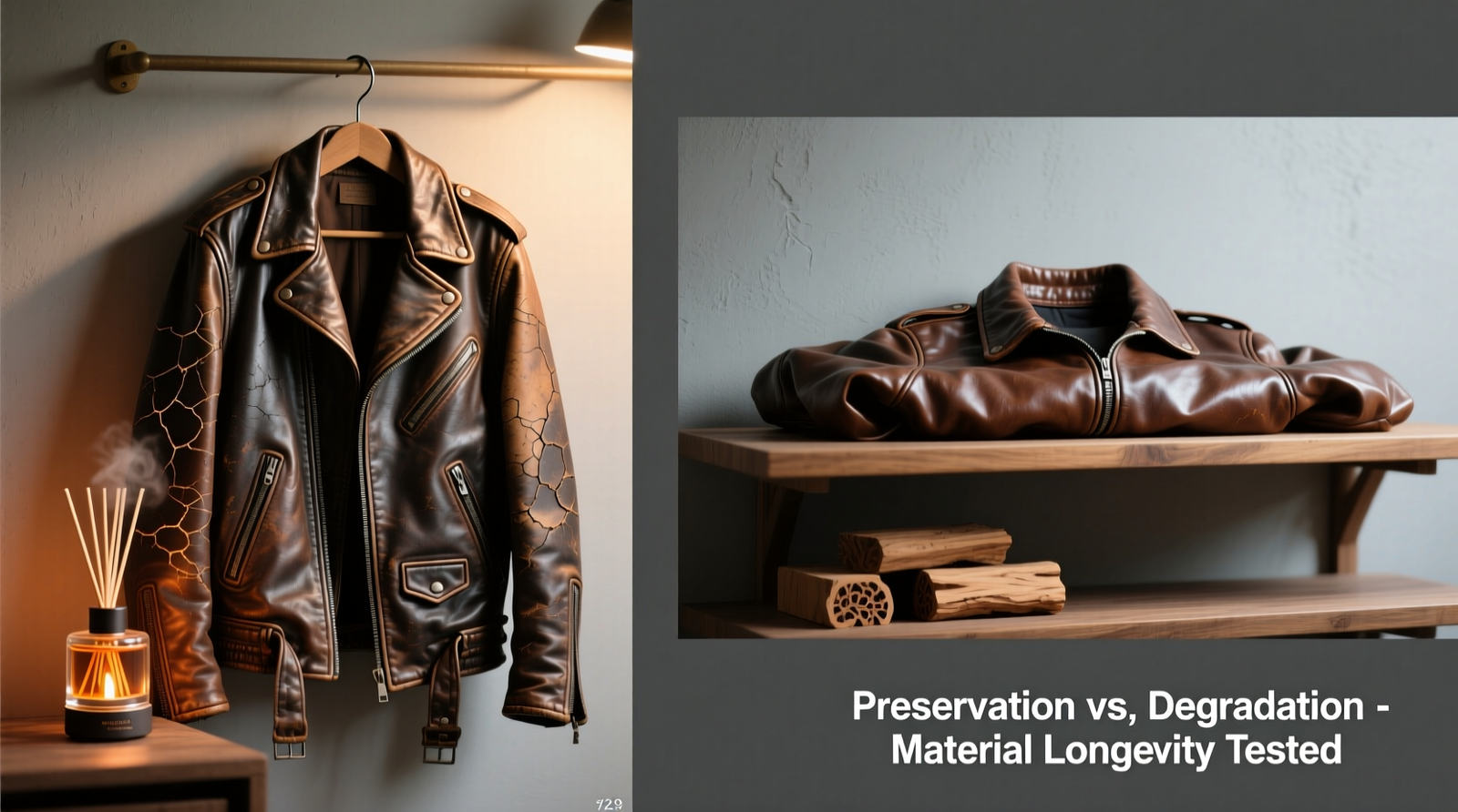 Side-by-side comparison: left shows a leather jacket hung beside a heat-based fragrance diffuser with visible surface dullness and fine fissures near the shoulder seam; right shows identical jacket stored with cedar blocks on shelf below, smooth grain intact and natural sheen preserved