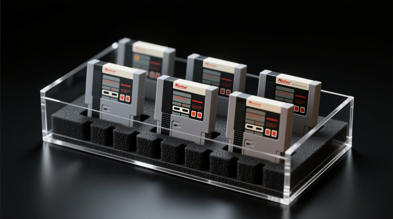 Top-down photo of six vintage NES cartridges standing upright in a custom-cut black archival foam tray, each fully supported along its entire bottom edge and separated by 2 mm polypropylene walls; no labels touch any surface