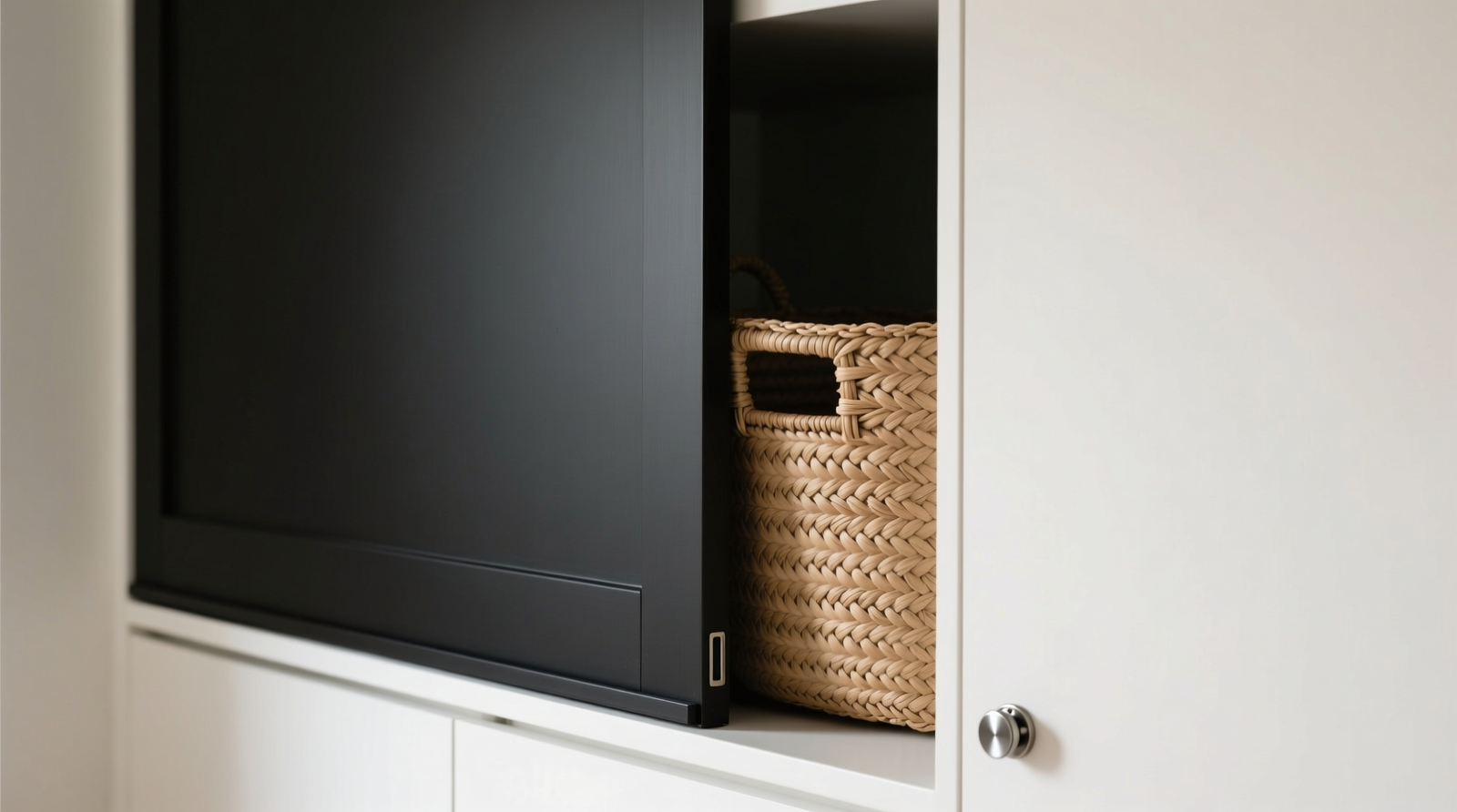 Close-up of a matte-black sliding panel installed flush within a white painted closet side jamb; a woven seagrass laundry basket sits fully recessed behind it, visible only when the panel is pulled open slightly to reveal its edge and discreet magnetic catch