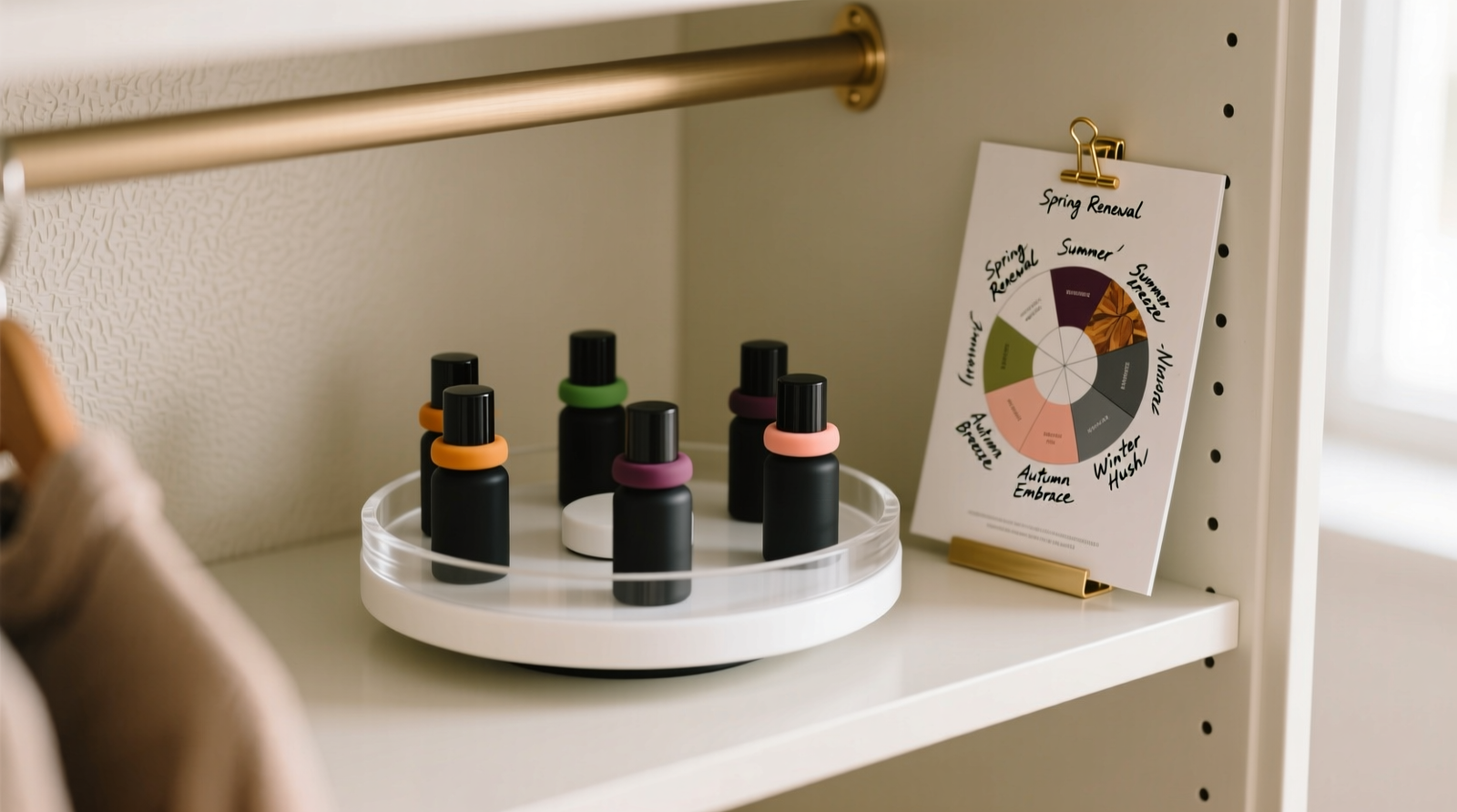 A minimalist white rotating acrylic tray holding five identical matte-black 5ml perfume atomizers, each with a small color-coded silicone ring (amber, moss green, deep plum, etc.), positioned beside a compact A5 laminated fragrance wheel chart pinned to a closet interior wall with handwritten seasonal notes in fine-tip pen.