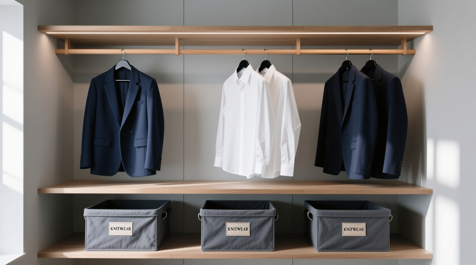A minimalist closet with three-tiered wooden hanging rods, uniform non-slip hangers facing forward, navy blazers grouped on upper rod, white shirts centered on middle rod, and folded knitwear in identical slate-gray bins with embossed linen labels visible at eye level