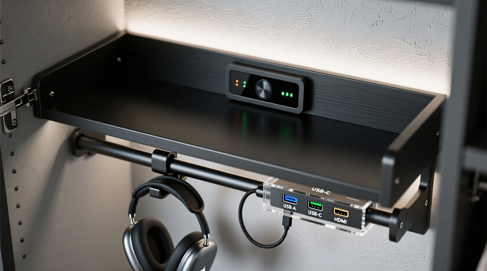 A streamlined closet interior showing a matte-gray wall-mounted charging station centered on the back wall, with four color-coded USB-C cables routed neatly into recessed white raceways, and three fabric bins labeled 'Controllers', 'Headsets', and 'Cables' aligned on a floating shelf below. No visible outlets, adapters, or tangled wires.
