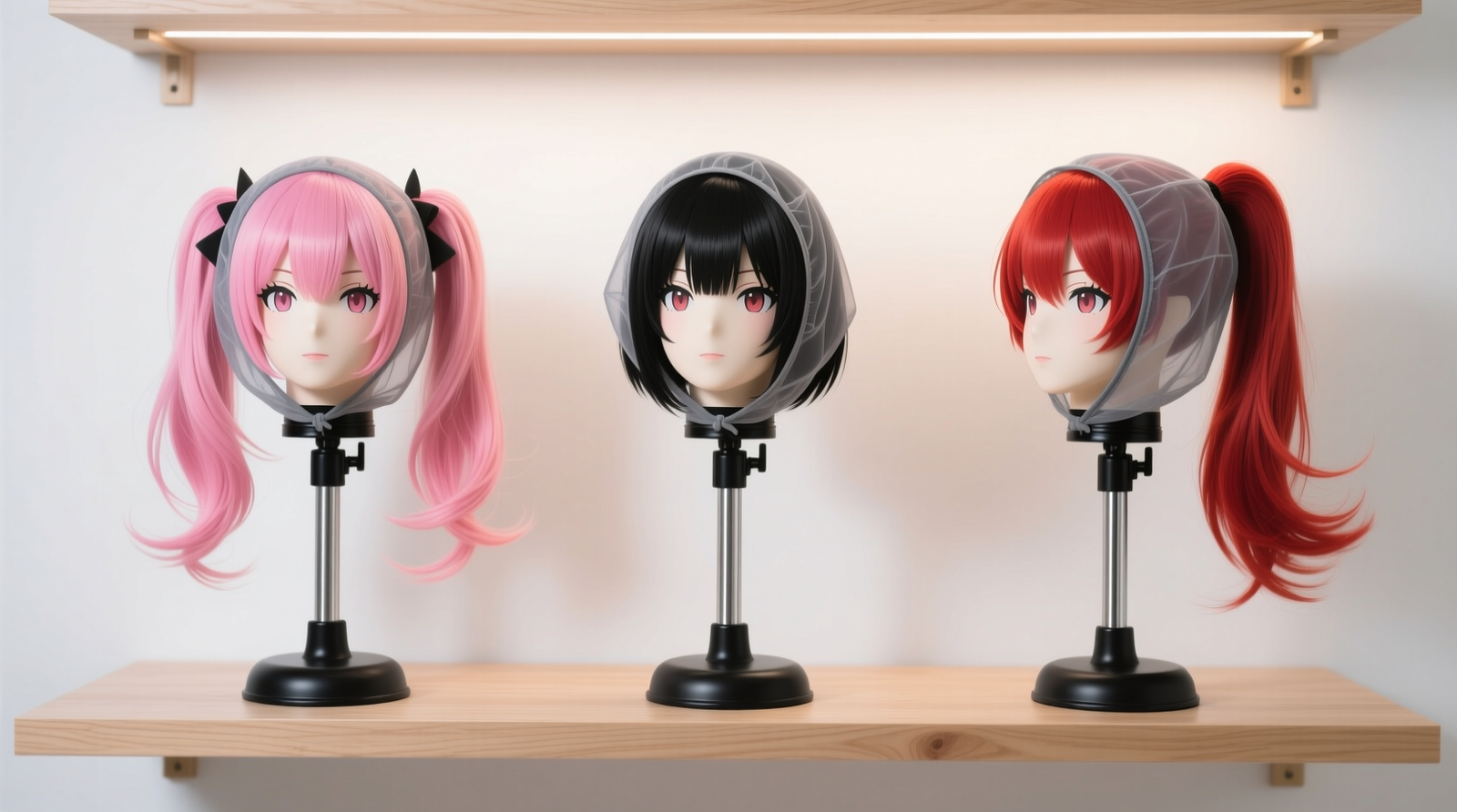 Three adjustable wig stands in a well-lit closet: one holding a voluminous anime-style wig under a sheer cotton cap, another with a sleek bob wig on a slightly smaller stand, and a third with a lace-front wig gently secured using a soft elastic strap beneath the cap—no visible compression or fiber clumping.