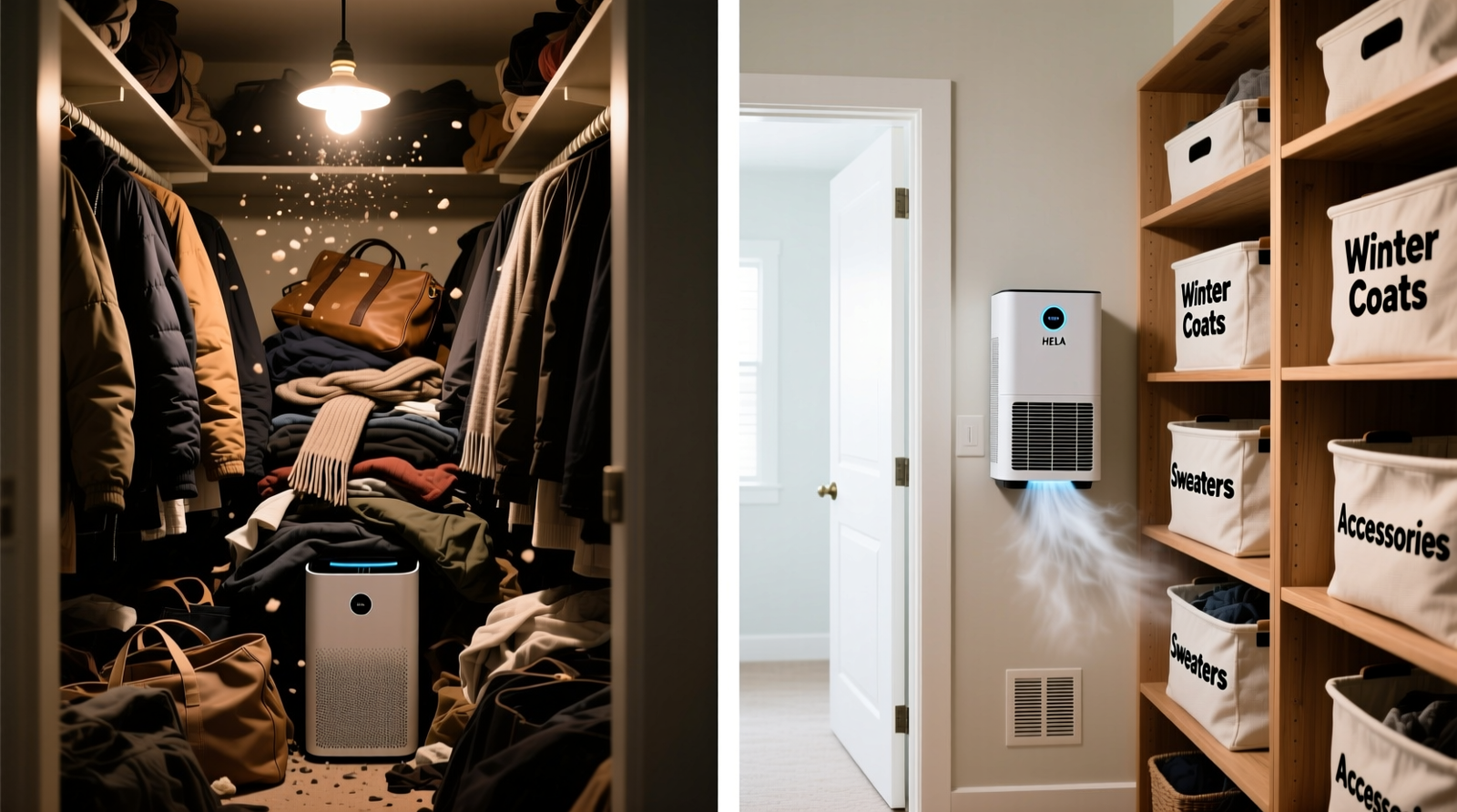 Side-by-side comparison: left shows a cluttered closet with a purifier buried behind coats; right shows an organized closet with open shelving, labeled cotton bins, and a wall-mounted HEPA unit pulling air outward from the doorway