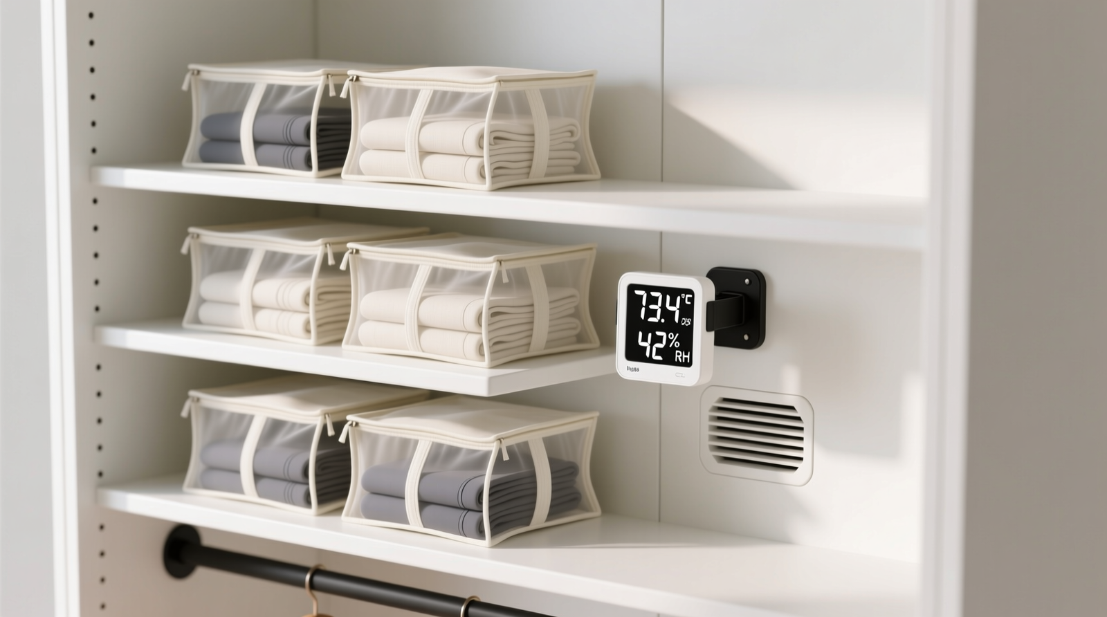 Three-tier closet shelf showing flat-stored leggings in off-white cotton bags, spaced 2 inches apart, with a digital hygrometer reading 73.4°F and 42% RH beside a passive airflow vent cut into the rear panel