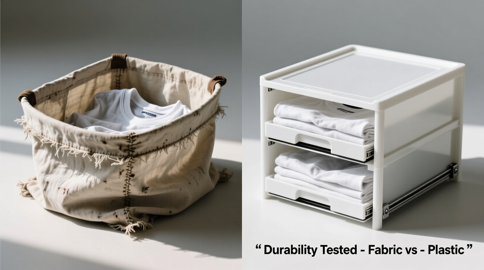 Side-by-side comparison showing a worn fabric bin with frayed seams and sagging base next to a well-maintained rigid plastic drawer with clean tracks and intact hinges, both holding identical folded cotton t-shirts