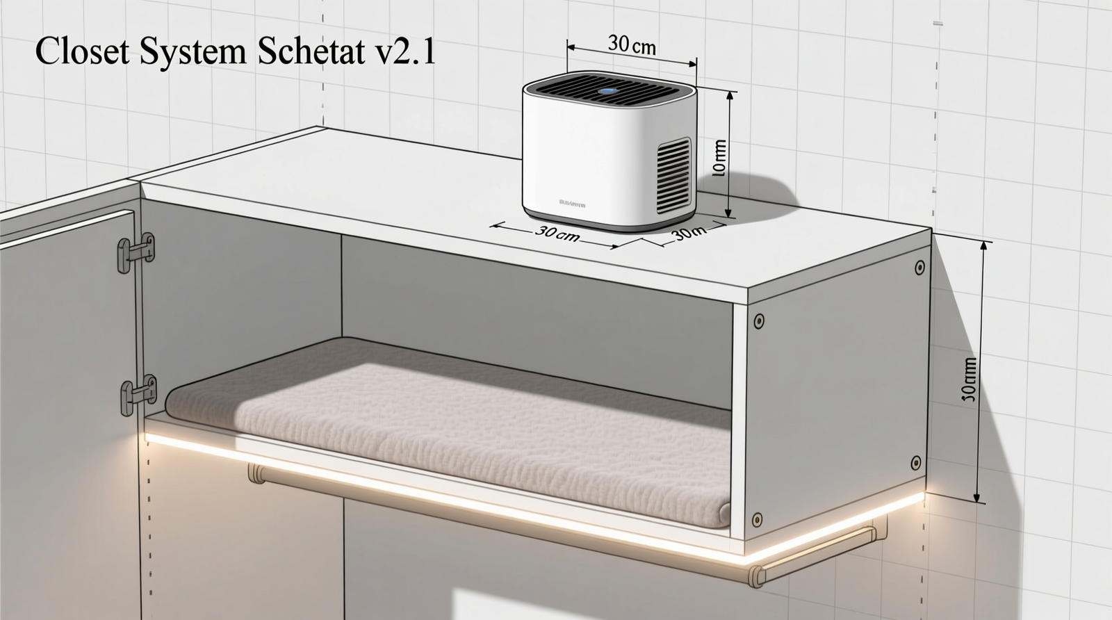 Side-view schematic of a shallow, open-front closet with a low-profile microfiber pad anchored at corners, LED strip lighting along baseboard, and a small air purifier mounted discreetly above the opening