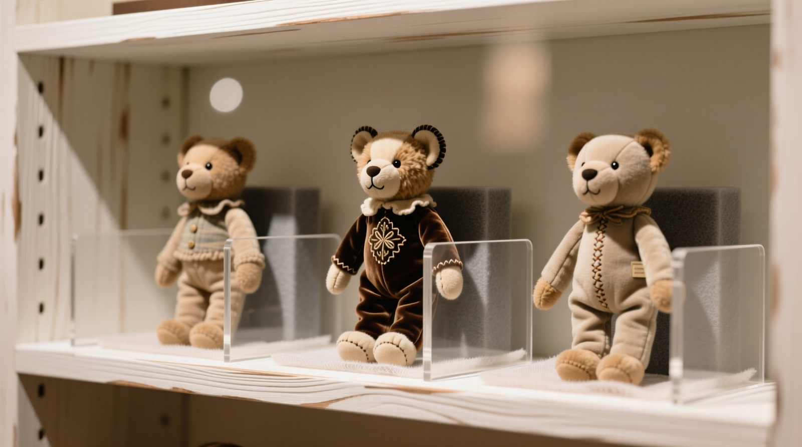 Three collectible plush toys standing upright on a white-painted wooden shelf, each separated by clear acrylic dividers and backed by subtle gray foam wedges; microfiber liner visible beneath; soft directional lighting highlights texture without glare
