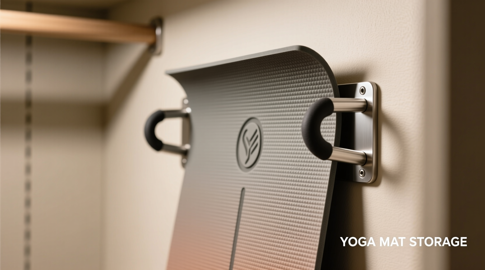 Close-up of a yoga mat mounted vertically in a closet corner using two angled metal brackets with rubberized, open-loop grips—mat resting cleanly at 15° outward tilt, 1.5-inch standoff visible between mat backing and wall