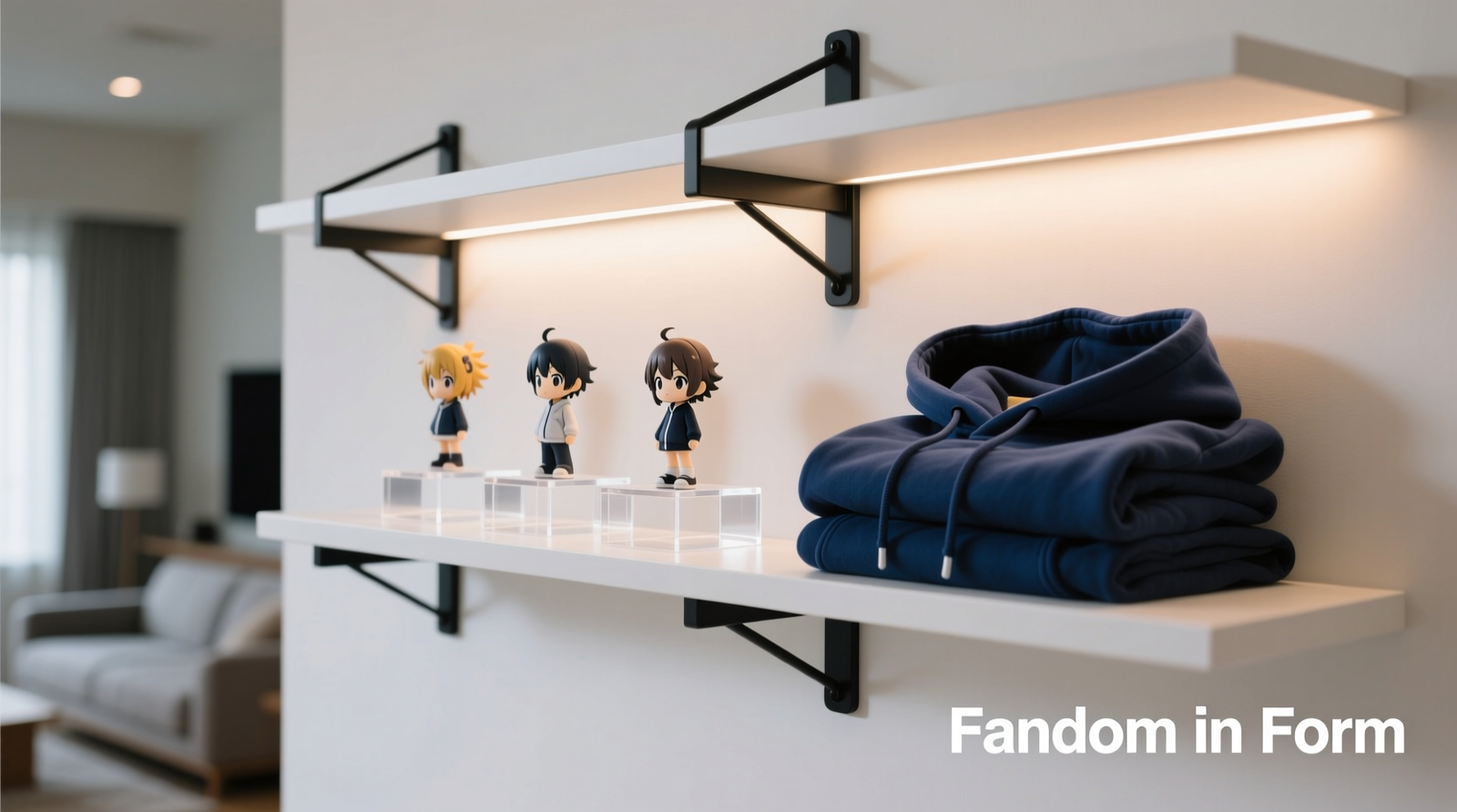A minimalist white wall-mounted shelf system with matte black steel brackets, holding three anime figures on staggered acrylic risers, a folded indigo hoodie neatly stacked beside them, and soft LED lighting casting gentle shadows—demonstrating unified function and fandom